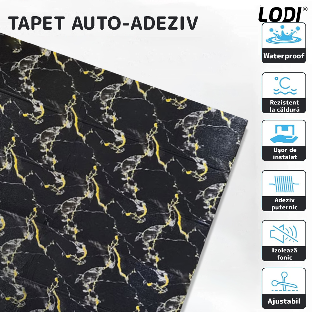 Set Tapet Panou 3D Lodi95, Model Marmura, suprafata acoperire 4.9 mp, autoadeziv, waterproof, usor de montat, design modern, 70x70 cm, negru