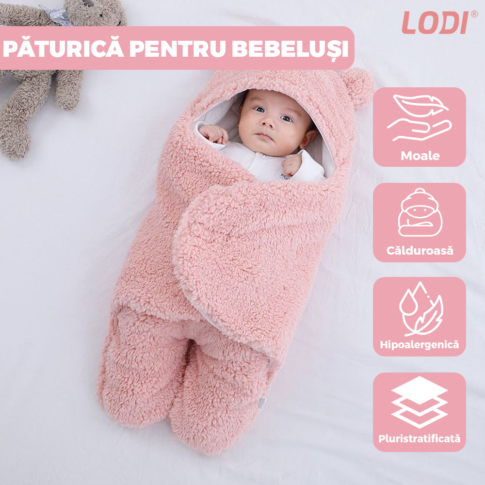 Paturica Pufoasa pentru Bebe Lodi496, calduroasa, in forma de ursulet pentru infasat bebelusi, prindere velcro, 0-6 luni, roz