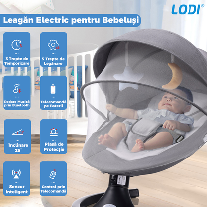 Leagan Electric Lodi122, conectivitate Bluetooth, telecomanda, tava detasabila, acoperis rabatabil, plasa protectie tantari pentru bebelusi, jucarii, muzica, gri