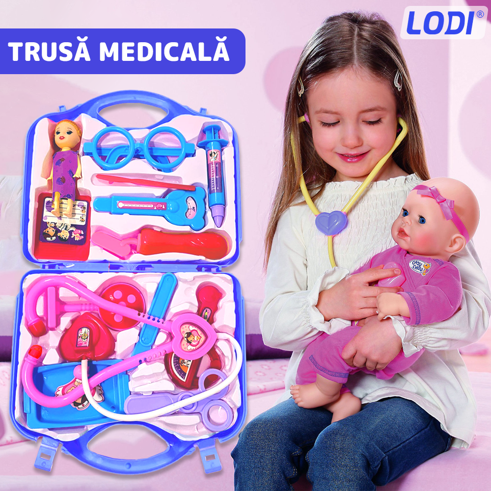 Set Trusa Medicala Asistenta Doctor Lodi482, joc de rol, 13 accesorii si cutie penntru depozitare, mini pacient, 37.5 x 21 cm, albastru