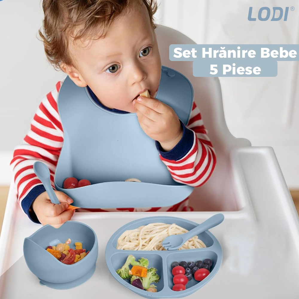 Set Hranire Bebeulsi Lodi250, 5 piese, termorezistente, silicon, fara BPA, pliabile, usor de curatat, dusty blue