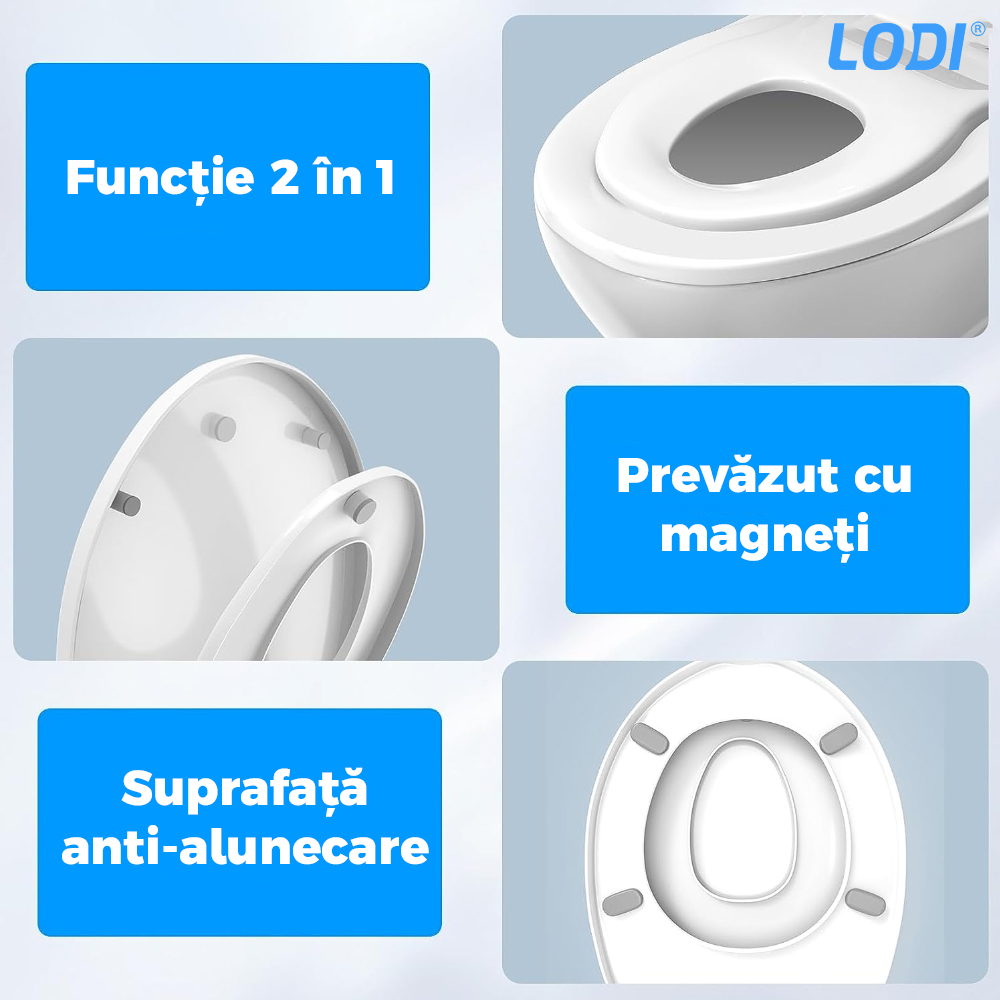 Capac WC cu Reductie 2 in 1 Lodi124, inchidere lenta duala, reductor cu prindere magnetica, adulti si copii, plastic durabil, alb