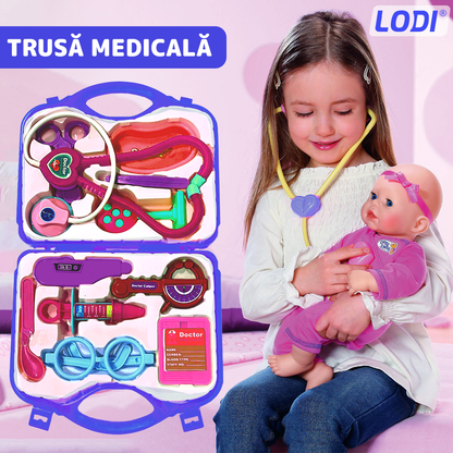 Set Trusa Medicala Asistenta Doctor Lodi479, joc de rol, 11 accesorii si cutie penntru depozitare, 37.5 x 21 cm, albastru