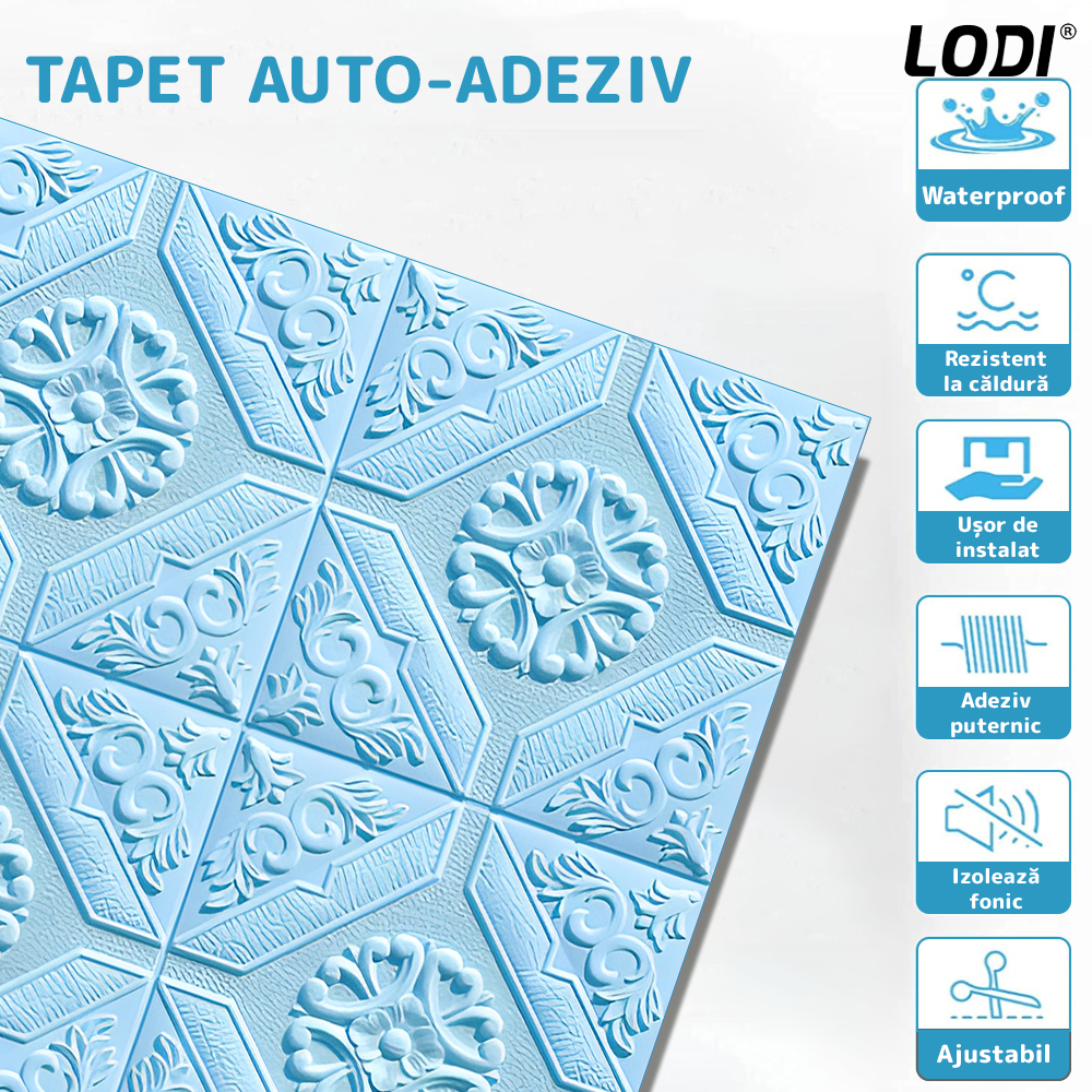 Set 10x Tapet 3D Lodi784, suprafata acoperire 4.9 mp, autoadeziv, Model Floral Carou, perete/tavan, waterproof, usor de montat, design modern, 70x70 cm, albastru
