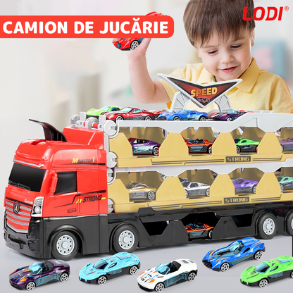 Set Camion Trailer de Jucarie pentru Transport Masinute de Curse Lodi530, tir si 8 masini, catapultare vehicule, platforma si pista de curse, prelungire 2.07 m, rosu