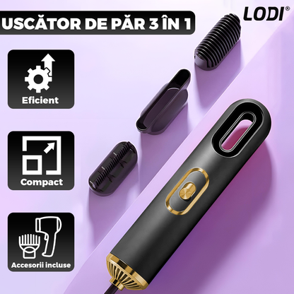 Uscator Profesional de Par 3 in 1 Lodi1083, aparat multifunctional coafare si uscare, 3 accesorii incluse, 1200W, negru