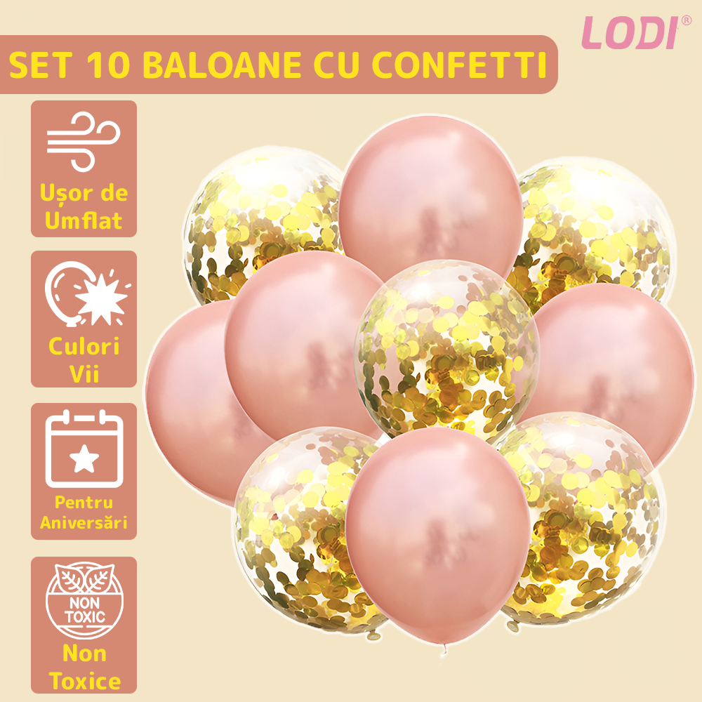 Set 10 Baloane Lodi772, Confeti, pentru Petreceri/Aniversari/Evenimente, o singura dimensiune, 2 culori, latex, auriu/rose gold
