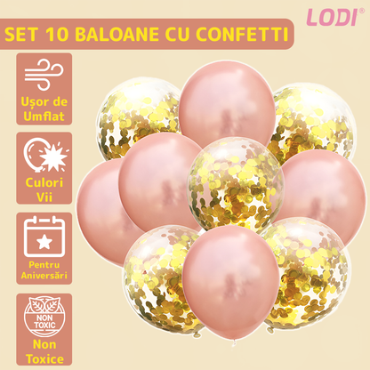 Set 10 Baloane Lodi772, Confeti, pentru Petreceri/Aniversari/Evenimente, o singura dimensiune, 2 culori, latex, auriu/rose gold