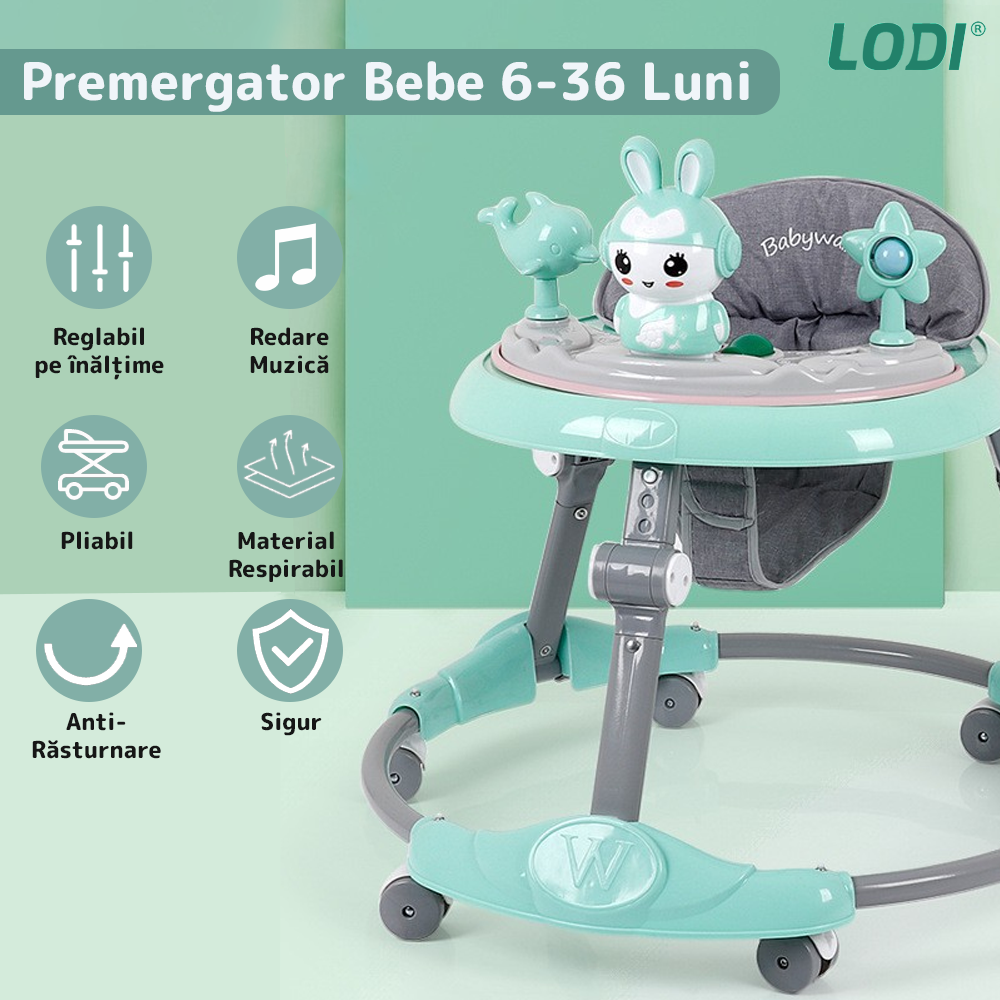 Premergator Multifunctional pentru Bebelusi Lodi638, tava cu 3 jucarii, muzica, reglabil, pliabil, greutate max 20kg, 6-36 luni, verde