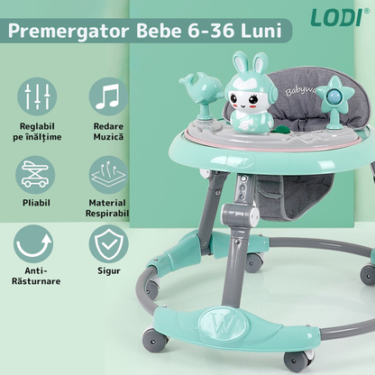 Premergator Multifunctional pentru Bebelusi Lodi638, tava cu 3 jucarii, muzica, reglabil, pliabil, greutate max 20kg, 6-36 luni, verde