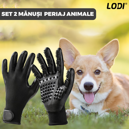 Set 2 Manusi Perii de Ingrijire si Curatare Caini, Pisici si Alte Animale de Companie Lodi422, periaj si masaj, prindere velcro, 25.5 x 13.5 cm, negru