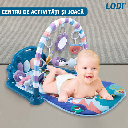 Centru de Activitati si Joaca Lodi1108, saltea interactiva pentru copii cu sunete, multifunctional, pian si oglinda detasabile, jucarii zornaitoare, 4 moduri interactive si educative, albastru inchis