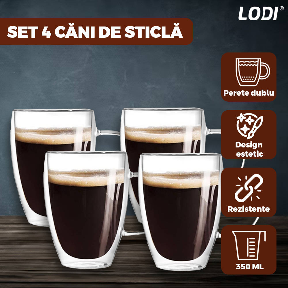 Set 4 Cani de Sticla cu Perete Dublu Lodi859, model rotund, design modern, termorezistente, capacitate 350 ml, 12 x 9 cm