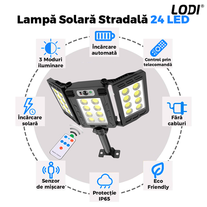 Lampa Solara Stradala 24 LED-uri Lodi877, tip bec, 3 capete, control prin telecomanda, senzor de miscare, 3 moduri de iluminare, protectie IP65, Waterproof, exterior, negru