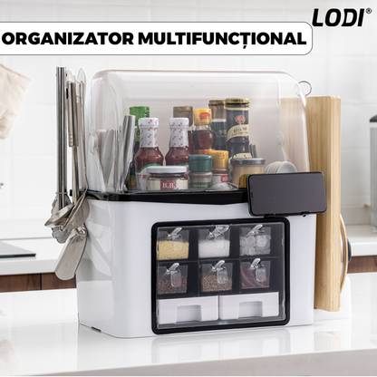 Organizator Multifunctional pentru Bucatarie Lodi483,  suport sticle, rafturi pentru condimente, cuier pentru ustensile, suport cutite, 46 x 26 x 43 cm, alb