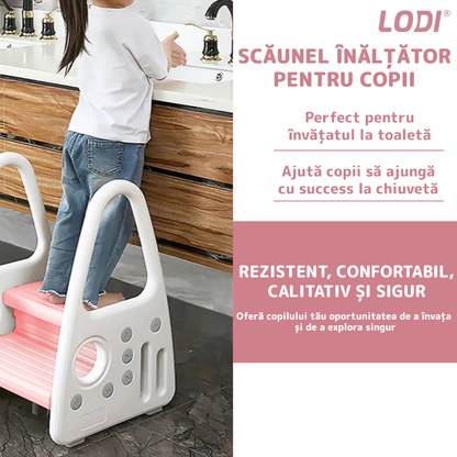 Scaunel Inaltator pentru Copii Lodi639, multifunctional,  tip scara, doua trepte, suprafata anti-alunecare, manere laterale, pentru bucatarie/baie, confortabil, sigur, roz