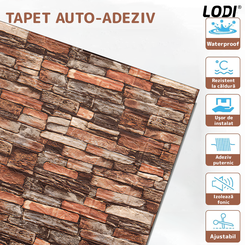 Set 10x Tapet Caramida 3D Lodi1089, Model Piatra Naturala, suprafata acoperire 5.3. mp, autoadeziv, waterproof, usor de montat, design modern, 70x77 cm, maro rosu
