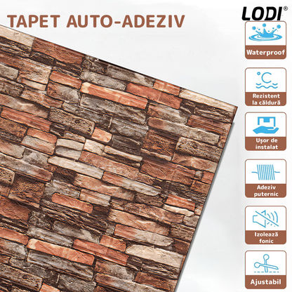 Set 10x Tapet Caramida 3D Lodi1089, Model Piatra Naturala, suprafata acoperire 5.3. mp, autoadeziv, waterproof, usor de montat, design modern, 70x77 cm, maro rosu
