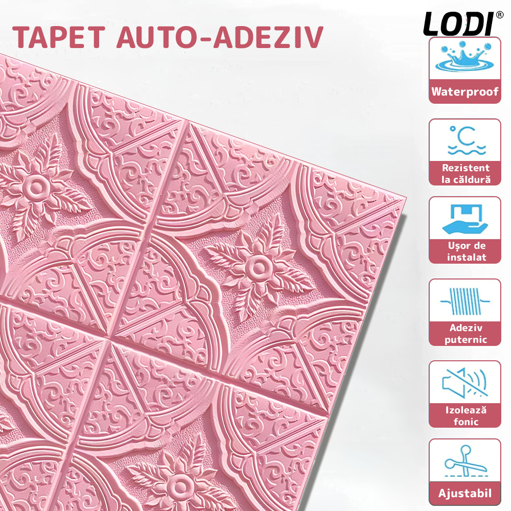 Set 10x Tapet 3D Lodi799, suprafata acoperire 4.9 mp, autoadeziv, Model Floral Diamant, perete/tavan, waterproof, usor de montat, design modern, 70x70 cm, roz