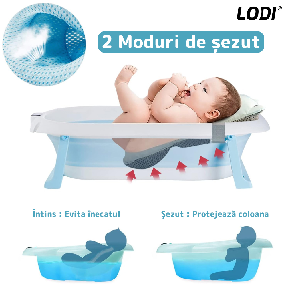Cadita cu Pernuta pentru Bebelusi Lodi1316, casca de protectie inclusa, termometru digital incorporat, pliabila, dop de scurgere, picioare anti-alunecare, design ergonomic, 75 x 45 x 22 cm, albastru