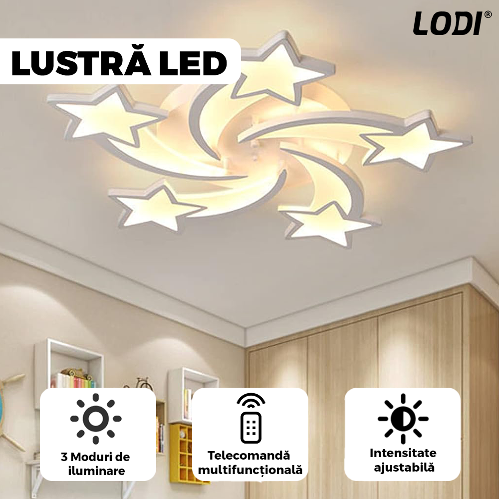 Lustra LED Model Stelute Lodi428,  dimabila cu telecomanda, 3 tipuri de lumina, intensitate ajustabila, lumina alba rece, neutra, alba cald, putere 110 W, 65 cm