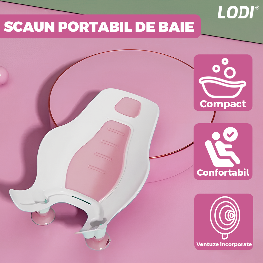 Scaun Portabil de Baie Lodi981, nou-nascuti si bebelusi, cu suport montabil tip ventuza pe chiuveta, lavoar sau cada, antiderapant, colturi rotunjite, roz