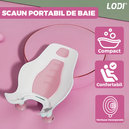 Scaun Portabil de Baie Lodi981, nou-nascuti si bebelusi, cu suport montabil tip ventuza pe chiuveta, lavoar sau cada, antiderapant, colturi rotunjite, roz