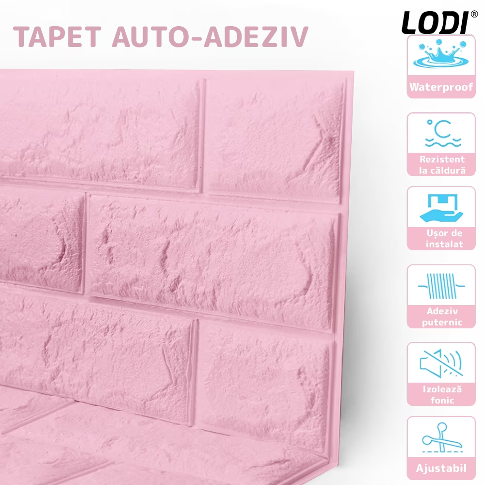 Set Tapet Mic Caramida 3D Lodi105, suprafata acoperire 3.31 mp, autoadeziv, waterproof, usor de montat, design modern, 38.5x34 cm, roz