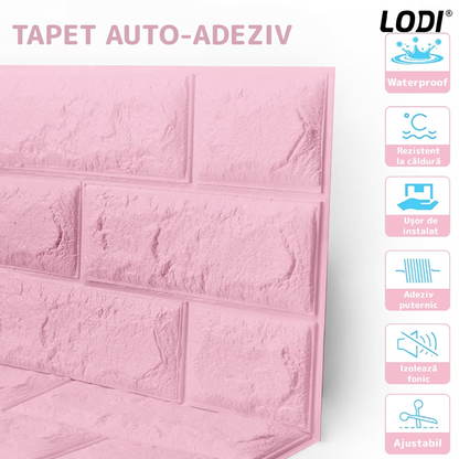 Set Tapet Mic Caramida 3D Lodi105, suprafata acoperire 3.31 mp, autoadeziv, waterproof, usor de montat, design modern, 38.5x34 cm, roz
