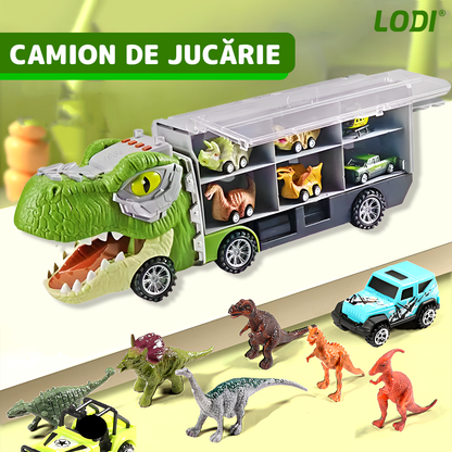 Set Camion Trailer de Jucarie pentru Transport Lodi1168, T-REX, 12 vehicule incluse, masina, barca, elicopter, accesorii mobile, lansator si rampa frontala, platforma tractare, verde deschis