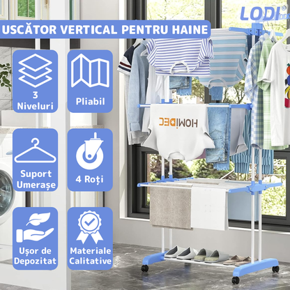 Uscator Vertical pentru Rufe si Haine Lodi290, 3 niveluri, mobil, pliabil, pentru spatii mici, suport umerase, cadru rezistent, inaltime 175cm, albastru