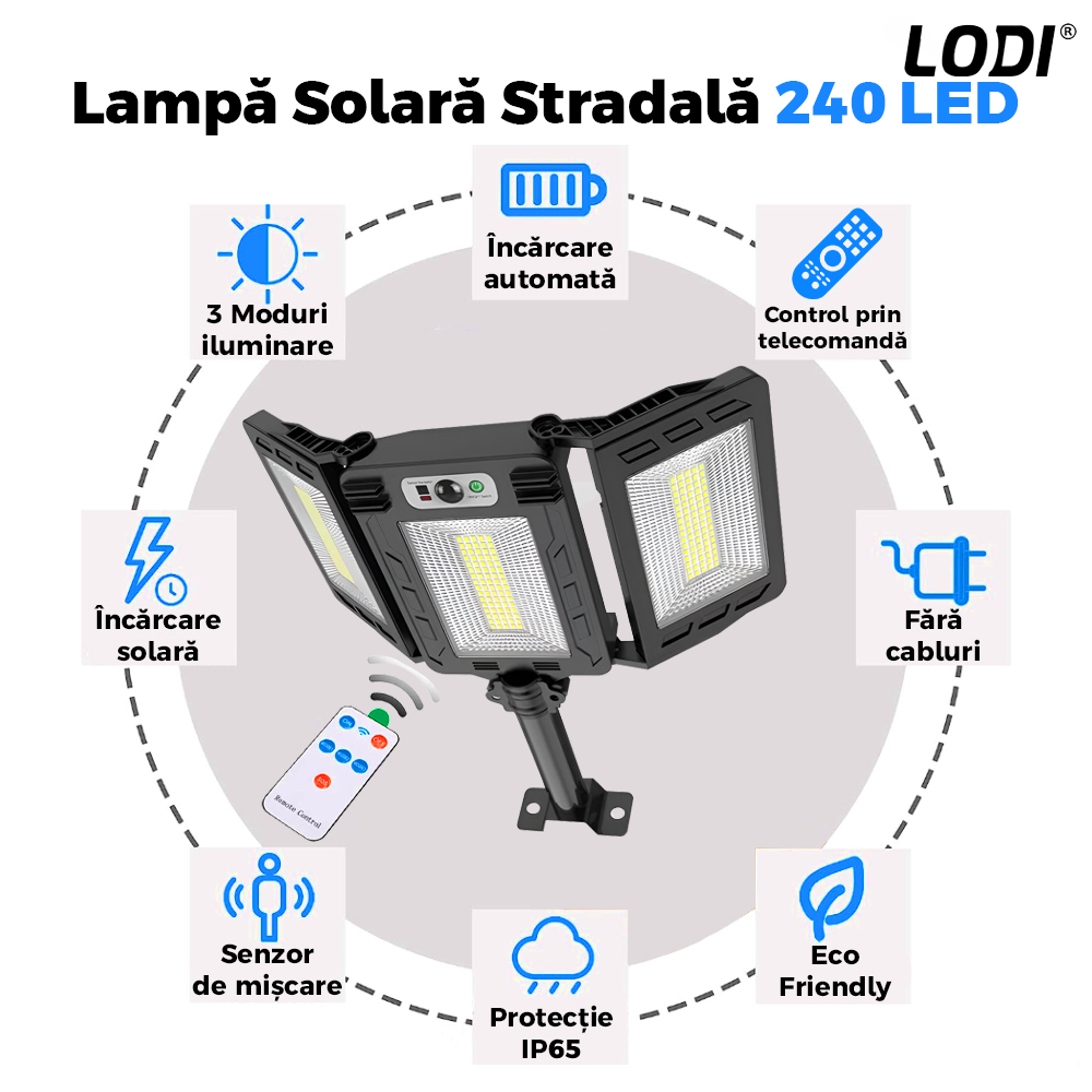 Lampa Solara Stradala 240 LED-uri Lodi876, 3 capete, control prin telecomanda, senzor de miscare, 3 moduri de iluminare, protectie IP65, Waterproof, exterior, negru
