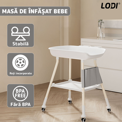 Masa de Infasat Bebe Lodi1125, pernuta moale, spatii de depozitare, roti cu frana, ajustabila pe 3 niveluri, structura stabila, alb/gri