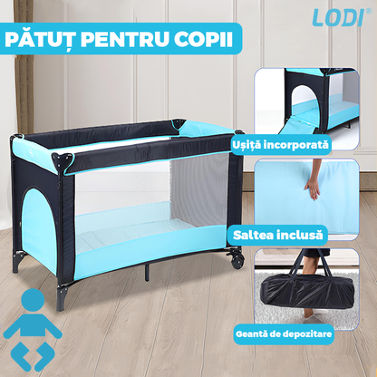 Patut Turistic Pliabil pentru Copii Lodi982, usa cu fermoar exterior, plasa de protectie tantari, materiale calitative, usor de montat, geanta de depozitare, dimensiuni 125x78x65, albastru