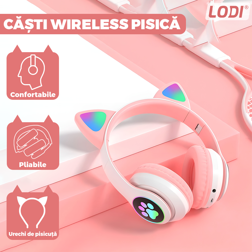 Casti Wireless Model Pisica Lodi945, STN-28, overear, urechi de pisica cu iluminare RGB, bluetooth 5.0, handsfree, HiFi, bass stereo, roz
