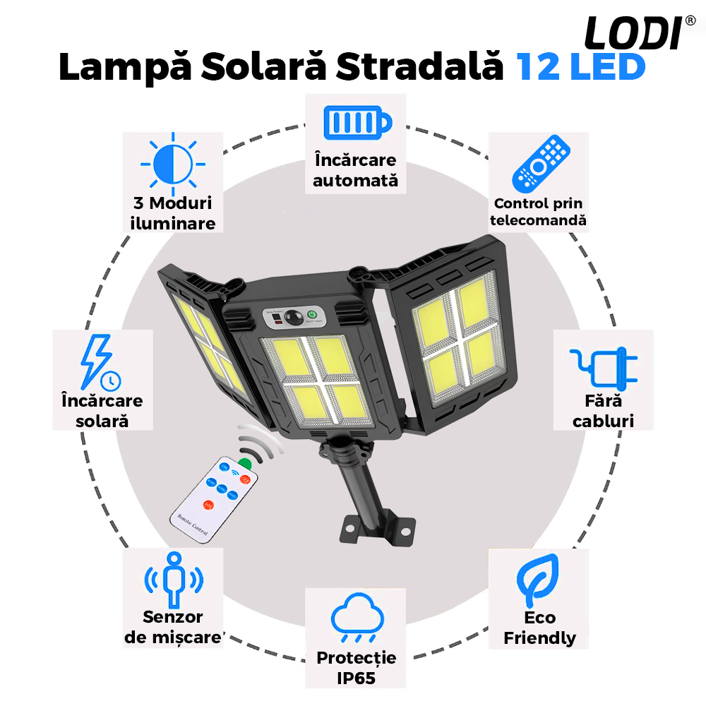 Lampa Solara Stradala 12 LED-uri Lodi873, 3 capete, control prin telecomanda, senzor de miscare, 3 moduri de iluminare, protectie IP65, Waterproof, exterior, negru