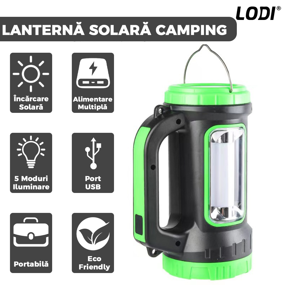 Lanterna Solara de Camping Lodi270, 2 moduri de alimentare, 5 moduri de iluminare, portabila, pentru drumetii, port USB, reincarcabila, verde