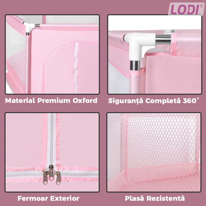 Tarc pentru Copii Lodi297, usa cu fermoar exterior, plasa, materiale calitative, usor de montat, dimensiuni 125x110x65, roz