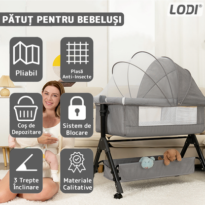 Patut Pliabil pentru Bebelusi Lodi1069, 3 trepte de inclinare, sistem de blocare, plasa anti-insecte, cos depozitare, gri