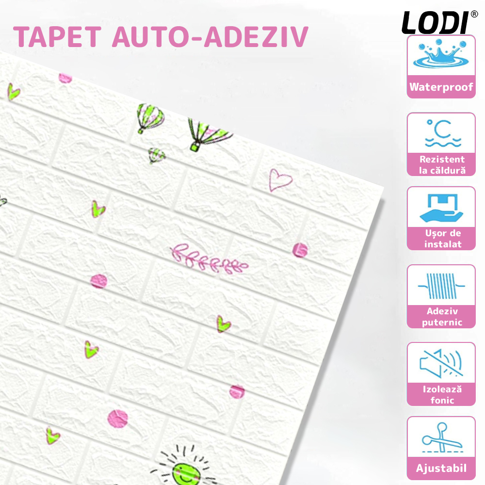 Set Tapet Caramida 3D Lodi76, model Nori si Baloane, suprafata acoperire 5.3 mp, autoadeziv, waterproof, usor de montat, design modern, 70x77 cm, alb