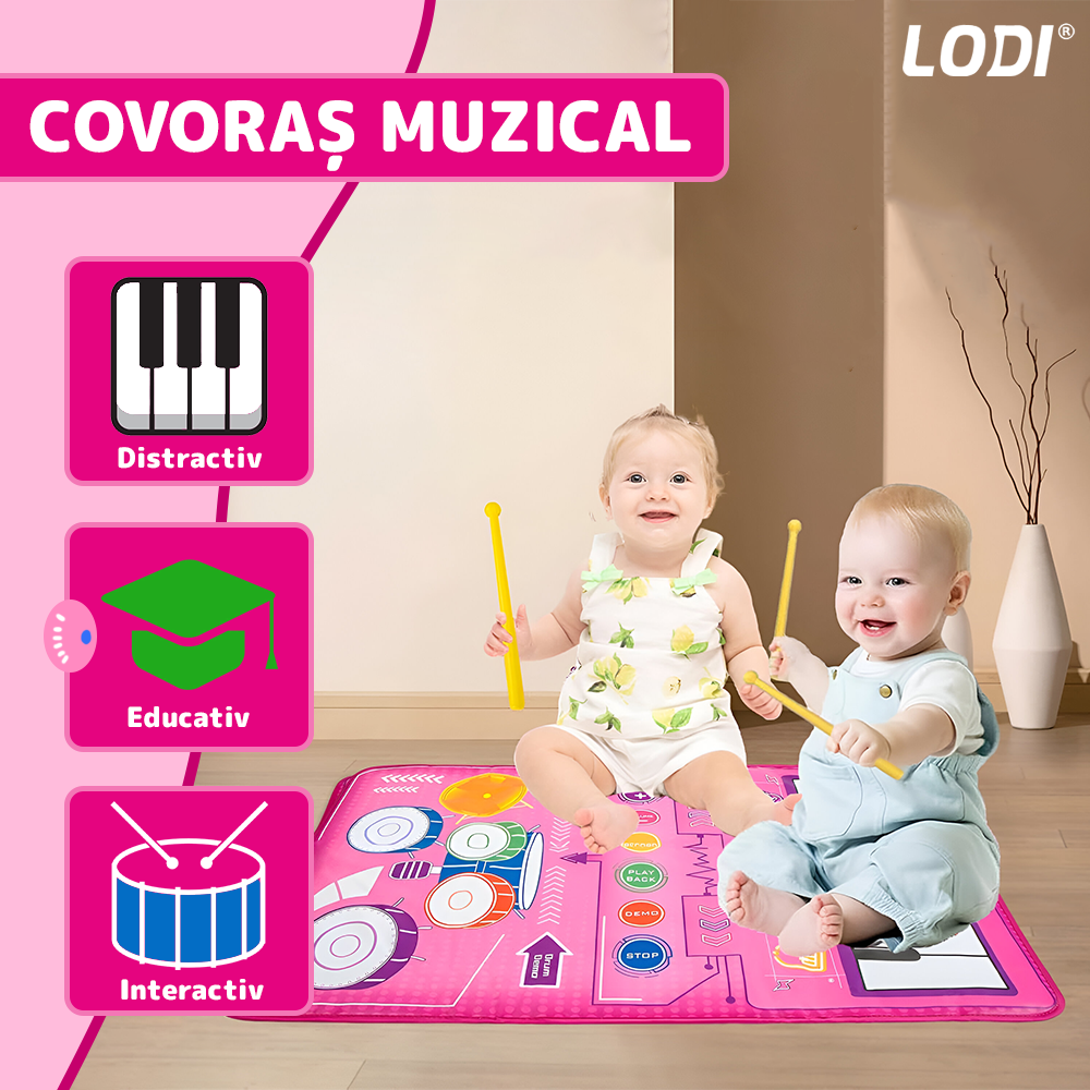 Covoras Muzical Interactiv pentru Copii Lodi1270, pian cu 8 clape, tobe, 5 instrumente muzicale incluse, acordeon, xilofon, chitara, vioara, trompeta, educational, usor de curatat, pliabil, roz