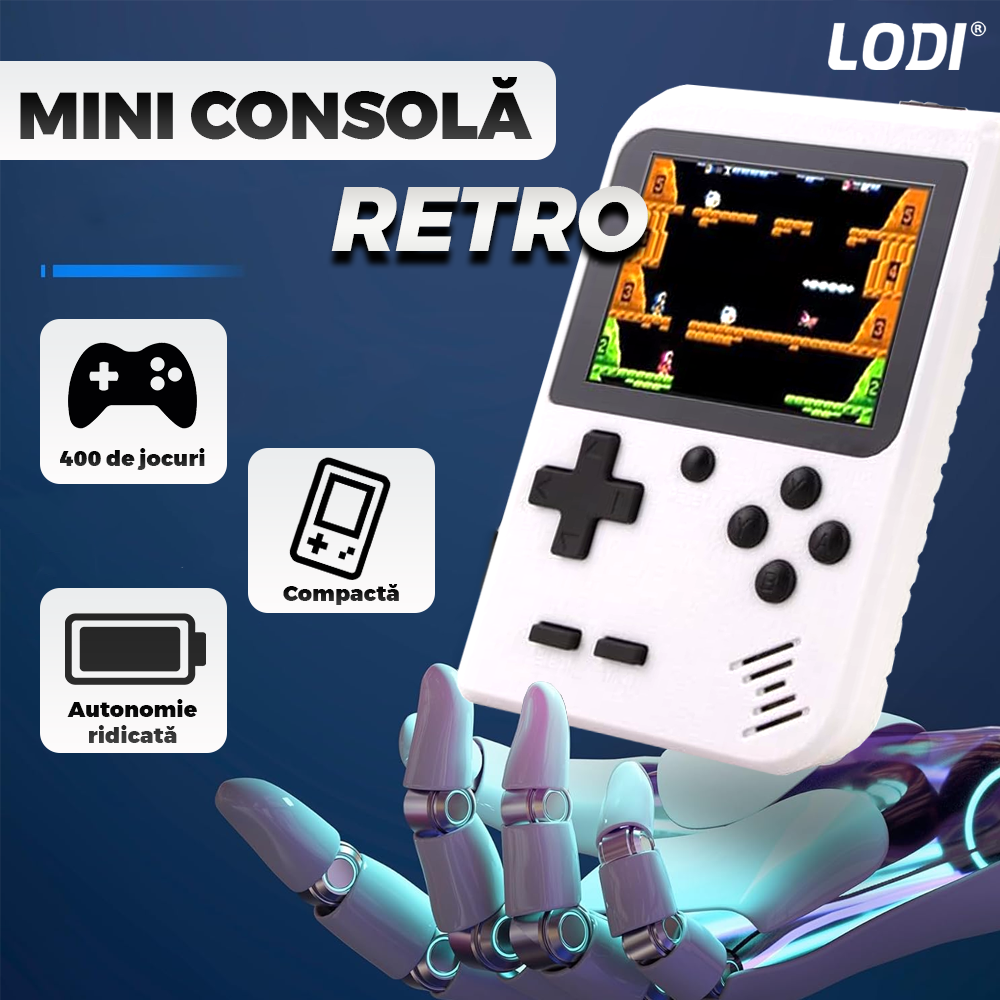 Mini Consola Jocuri Retro Game Box Lodi1503, SR-90, 400 in 1, maneta 2nd player inclusa, rotita volum, portabila, cablu AV, incarcare USB-MINI, autonomie ridicata,  11x8 cm, alb