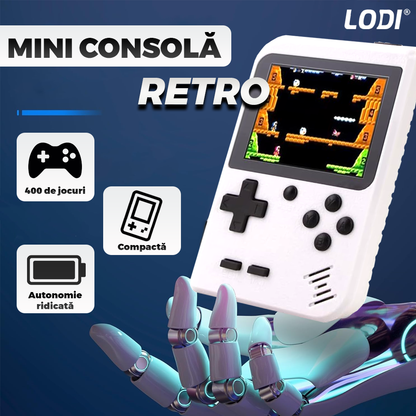 Mini Consola Jocuri Retro Game Box Lodi1503, SR-90, 400 in 1, maneta 2nd player inclusa, rotita volum, portabila, cablu AV, incarcare USB-MINI, autonomie ridicata,  11x8 cm, alb