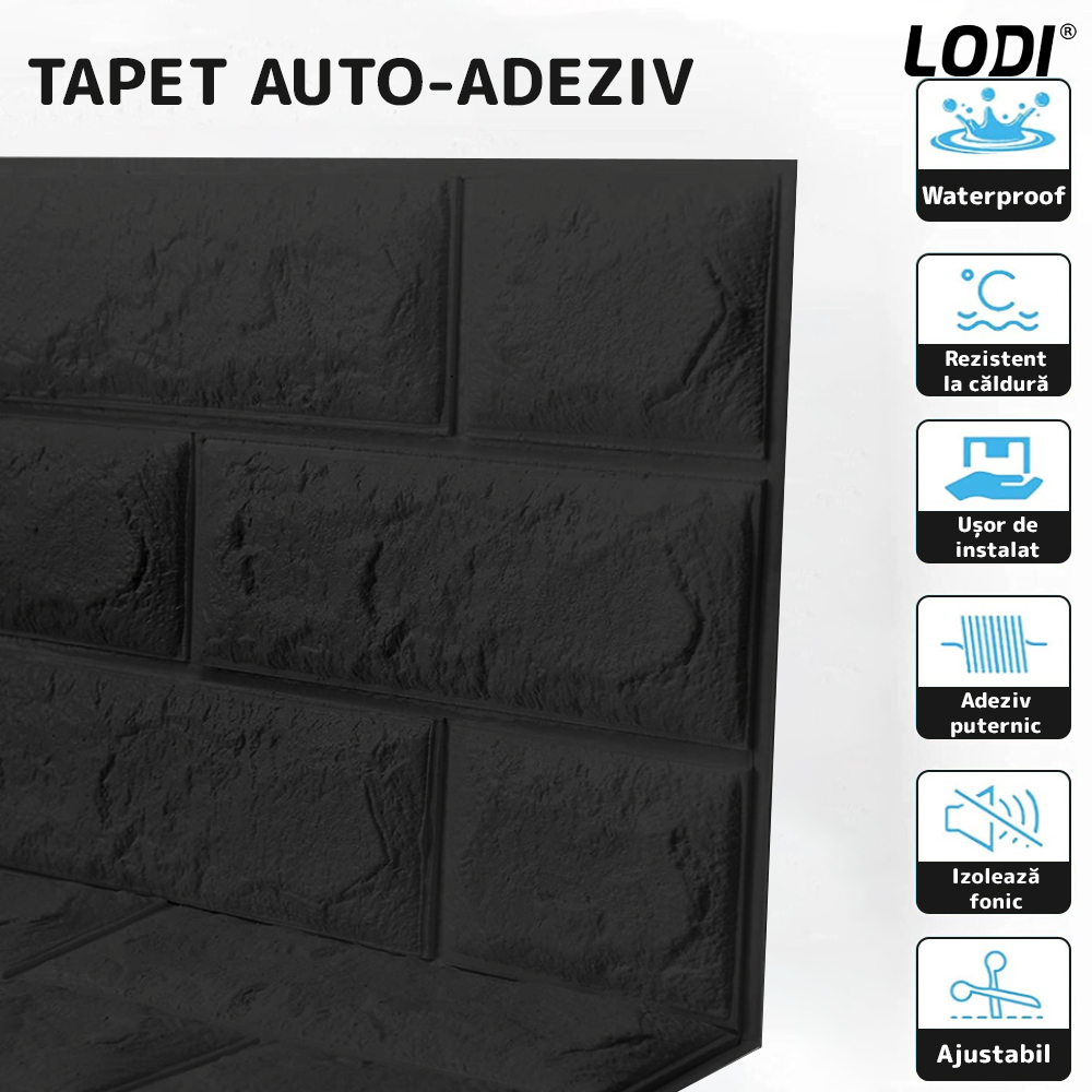 Set Tapet Mic Caramida 3D Lodi104, suprafata acoperire 3.31 mp, autoadeziv, waterproof, usor de montat, design modern, 38,5x34 cm, negru