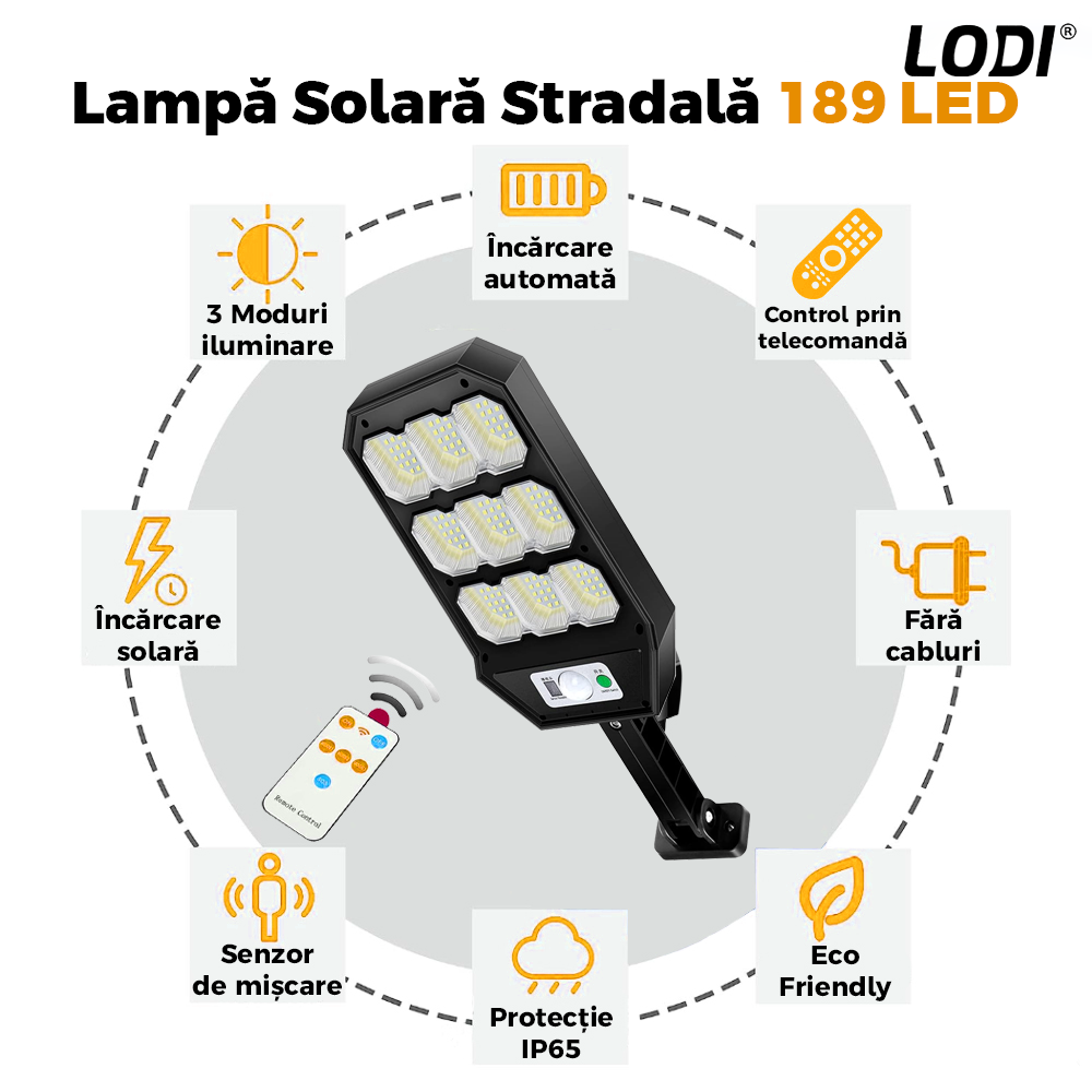 Lampa Solara Stradala 189 LED-uri Lodi860, senzor de miscare, 3 moduri de iluminare, protectie IP65, Waterproof, exterior, negru