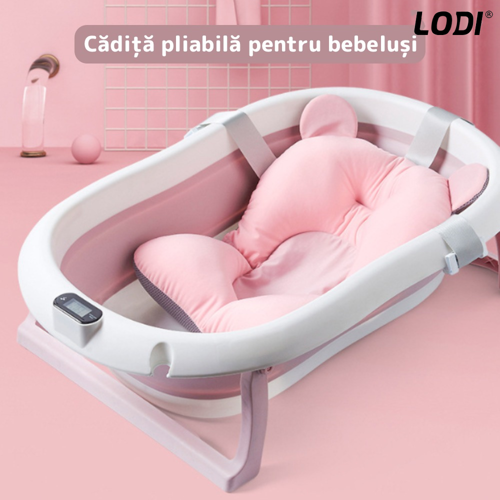 Cadita cu Pernuta pentru Bebelusi Lodi1315, casca de protectie inclusa, termometru digital incorporat, pliabila, dop de scurgere, picioare anti-alunecare, design ergonomic, 75 x 45 x 22, roz
