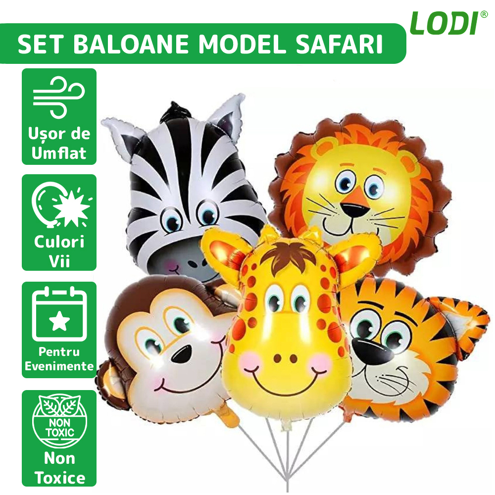 Set 5 Baloane Animale Lodi302, pentru Petreceri/Aniversari copii, tema junglei/safari, latex, multicolor/verde