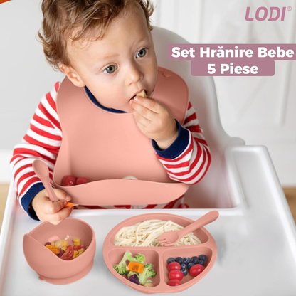 Set Hranire Bebeulsi Lodi249, 5 piese, termorezistente, silicon, fara BPA, pliabile, usor de curatat, roz blush