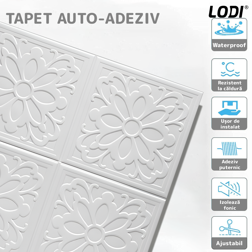 Set 10x Tapet 3D Lodi837, suprafata acoperire 4.9 mp, autoadeziv, Model Floare Patrat, perete/tavan, waterproof, usor de montat, design modern, 70x77 cm, alb