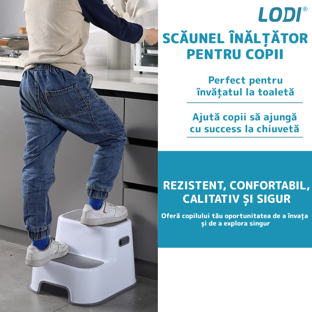 Scaunel Inaltator pentru Copii Lodi33, multifunctional, doua trepte, suprafata anti-alunecare, pentru bucatarie/baie, tip scara, confortabil, sigur, alb